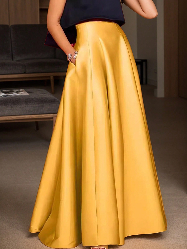 Jupes longues trapèze en Satin pour femmes, élégantes, de haute qualité, lisses, Maxi, avec poches, couleur unie, Y2K