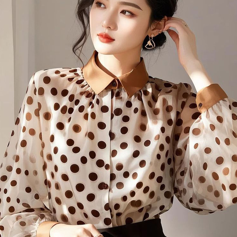 2025 printemps été automne nouvelle mode coréenne Patchwork col rabattu chemises dames à la mode à pois à manches longues Blouse