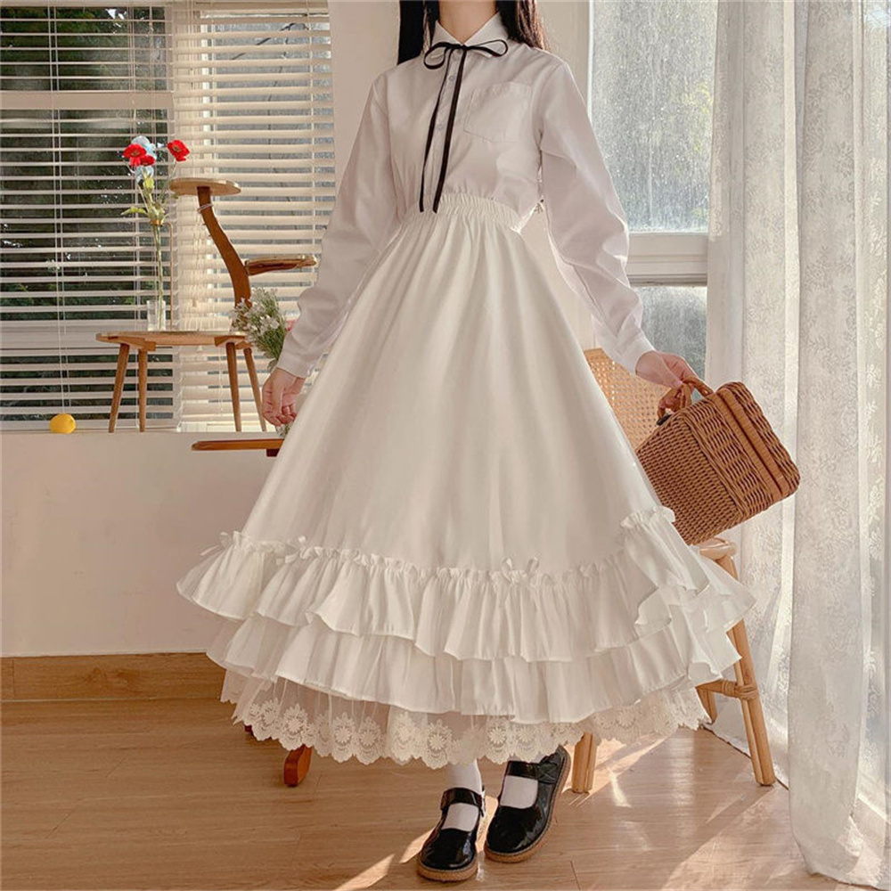 Style coréen noir blanc demi-jupe femme jupes longues japonais couleur unie Double couche Vintage français à volants a-ligne jupe