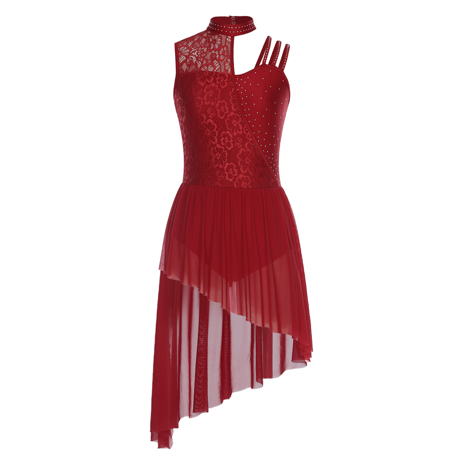 Robe justaucorps de danse lyrique pour femmes, dentelle florale, strass, robe asymétrique pour gymnastique, Ballet, valse, spectacle de danse latine