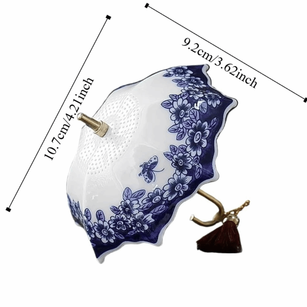 Filtre à thé en céramique style parapluie, traditionnel chinois, avec pompon, motif en porcelaine bleue et blanche, décoration de table