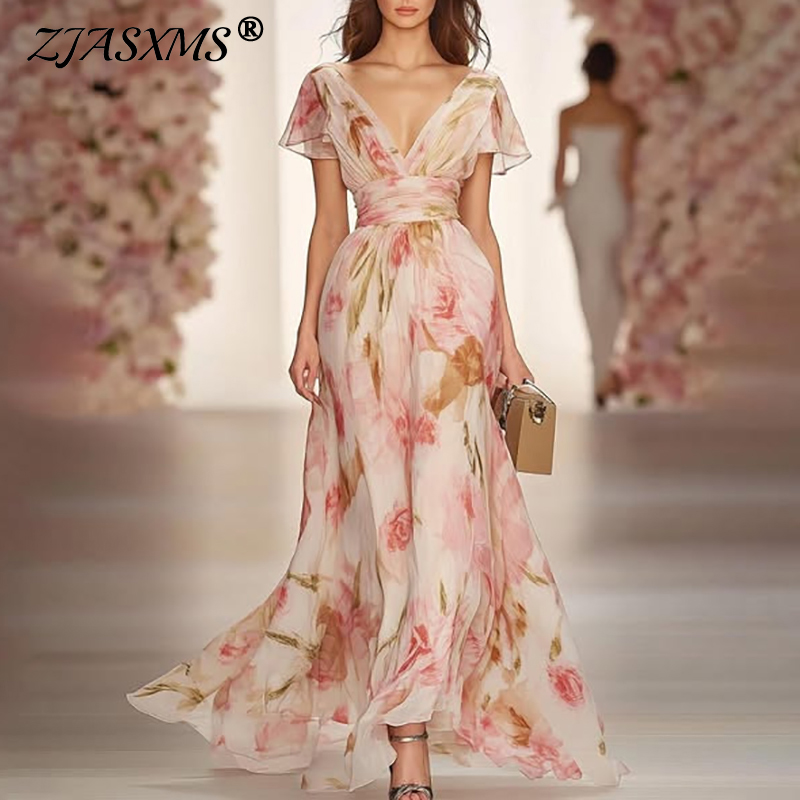Robe longue Style Boho, imprimé Floral, élégante, col en V, taille haute, robe de soirée, manches courtes, fermeture éclair, Maxi, printemps, été