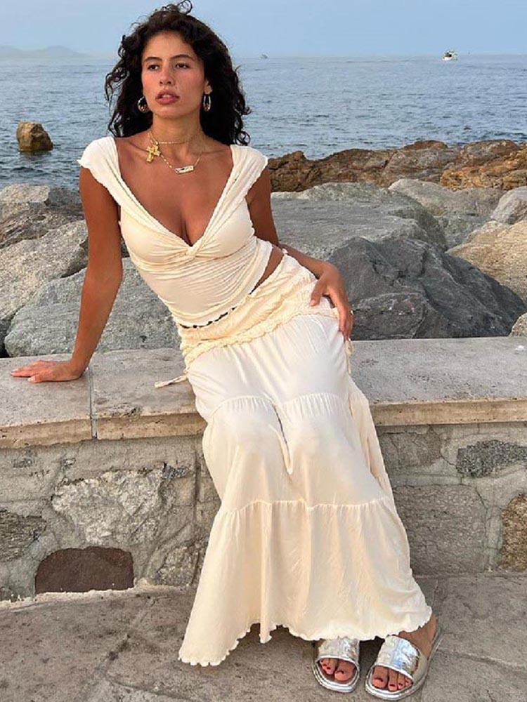 Tenue de plage plissée à volants pour femmes, haut court, épaules dénudées, en fibre, sexy, été, 2024