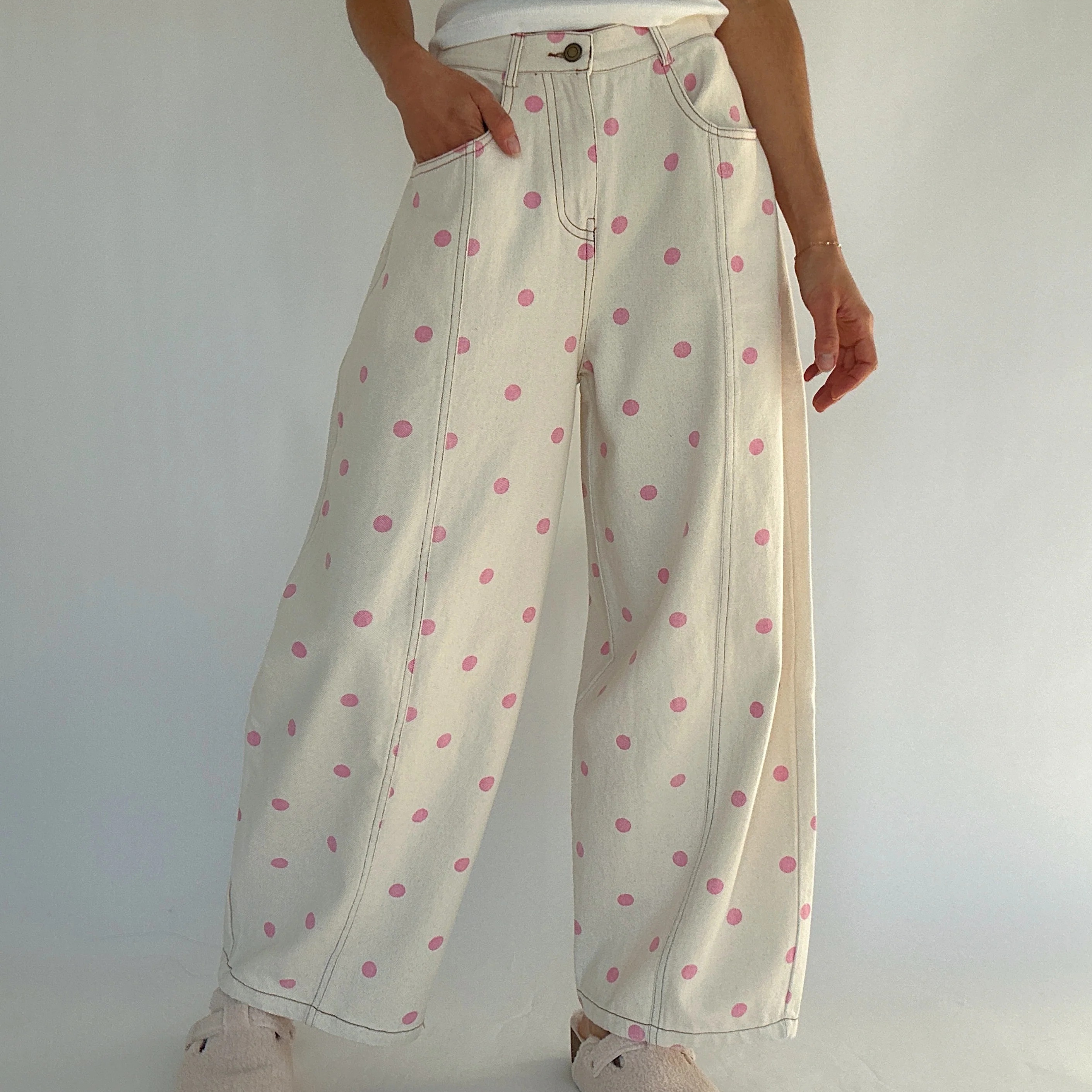 Pantalons en jean ample à imprimé à pois pour femmes tendance, pantalon en denim décontracté pour le printemps, pantalon large tendance