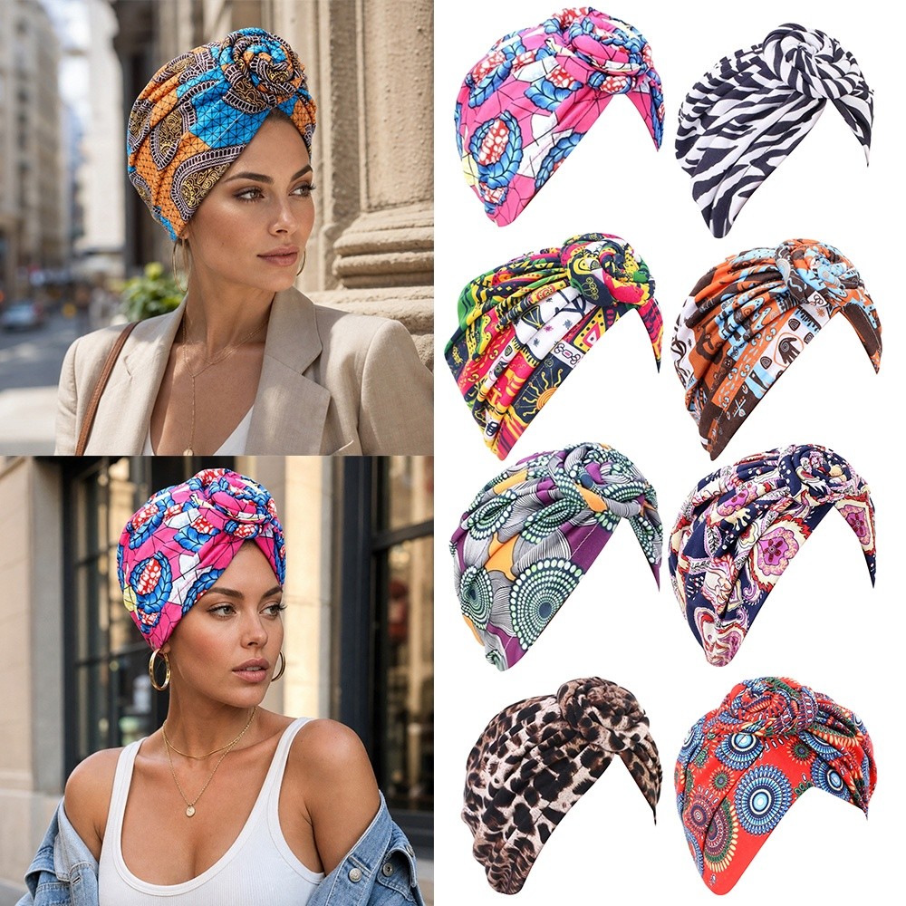 Bonnet Hijab Plissé Style Nœud Torsadé Imprimé Africain Tendance, Turban Élastique Respirant, Foulard Polyvalent Décoratif