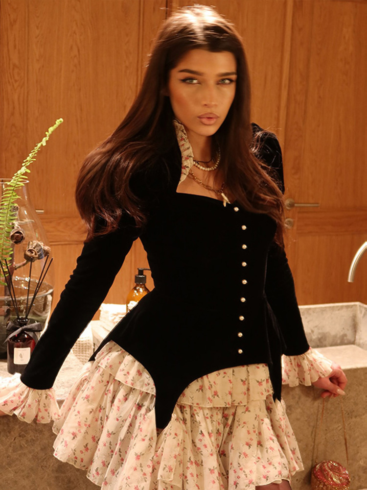 Robe élégante pour femme à imprimé floral patchwork, manches longues évasées, col en V, mini robes féminines, printemps été 2026, robe de soirée perlée