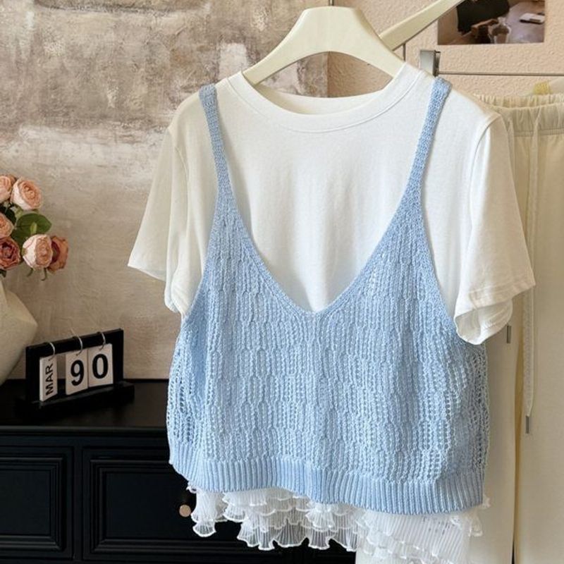 Gilet tricoté bleu coréen sans manches pour femme, style printemps-été, débardeur tube, cache-cœur, haut à superposer, gilet court à fines bretelles