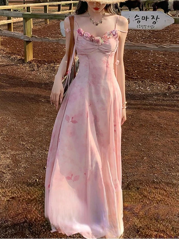Robe mi-longue en mousseline de soie pour femme, robe imprimée rose clair, mode de plage, Y2K, vintage, chic, français, rétro, élégant, décontracté, été