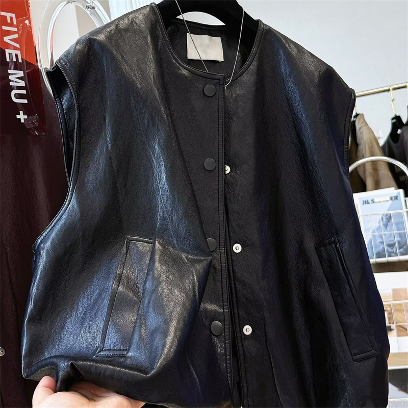 Gilet en cuir pour femmes, nouveau rétro décontracté, simple boutonnage, col rond, ample, avancé, nouvelle mode, gilet sans manches, manteau court