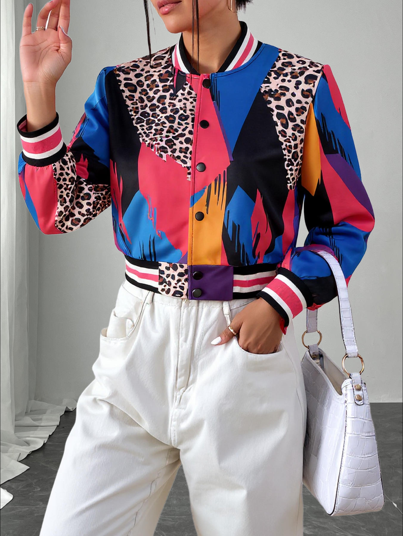 Veste courte à imprimé léopard et blocs de couleurs pour femme, col côtelé rayé, boutonnée, manches longues, style streetwear, vêtement d'extérieur court