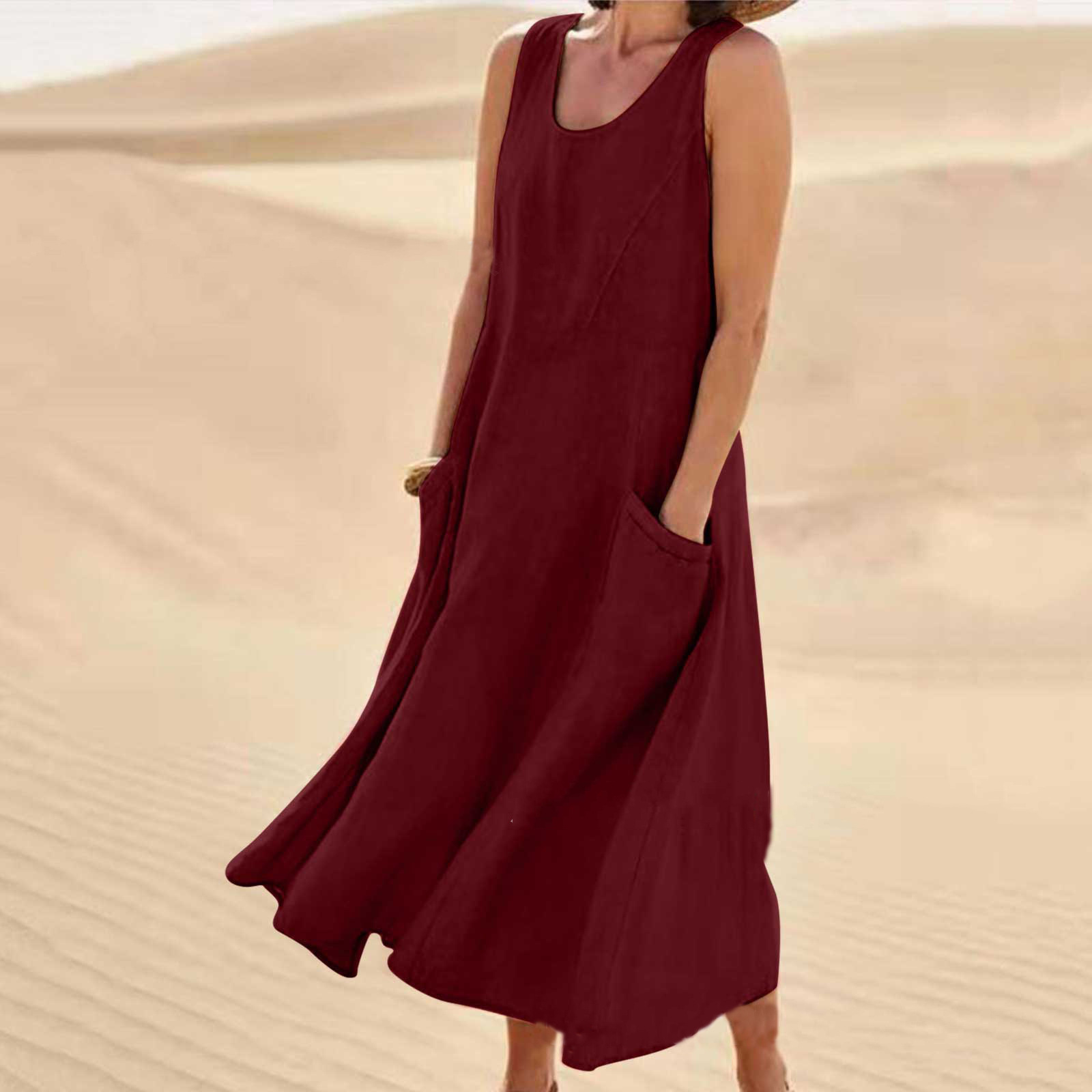 Robe de plage en coton et lin pour femme, 12 couleurs, poche en fibre, col rond, mode simple, jupe mi-longue pour femme