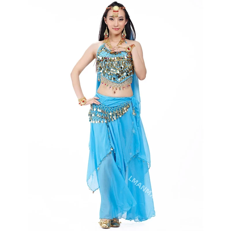 Ensemble de costumes indiens 4 pièces voile de danse du ventre pièces supérieures écharpe de hanche jupe Costume de danse du ventre femmes