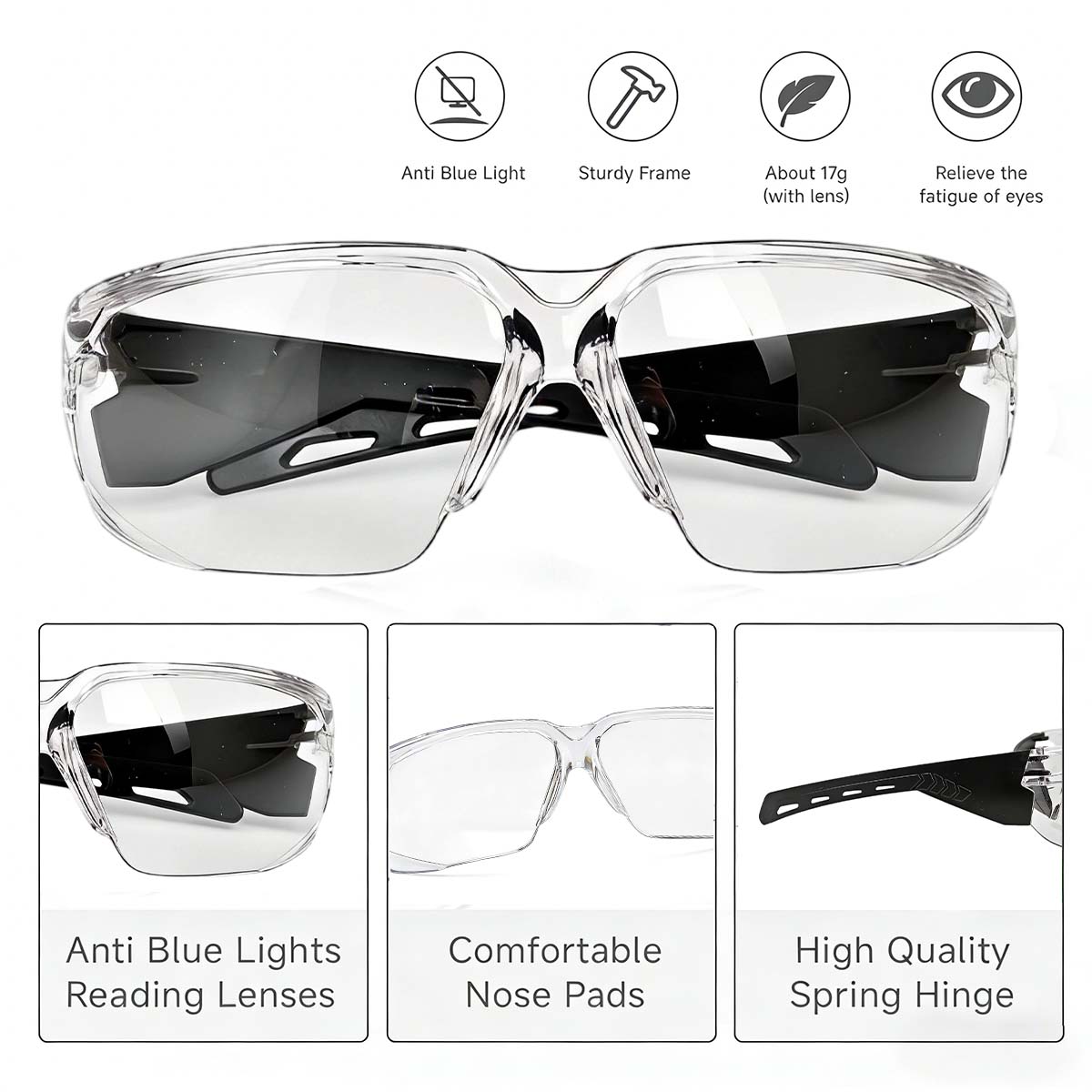 Lunettes de sécurité Z87.1 pour hommes, transparentes ou teintées, anti-buée, protection oculaire avec ajustement sécurisé HM10