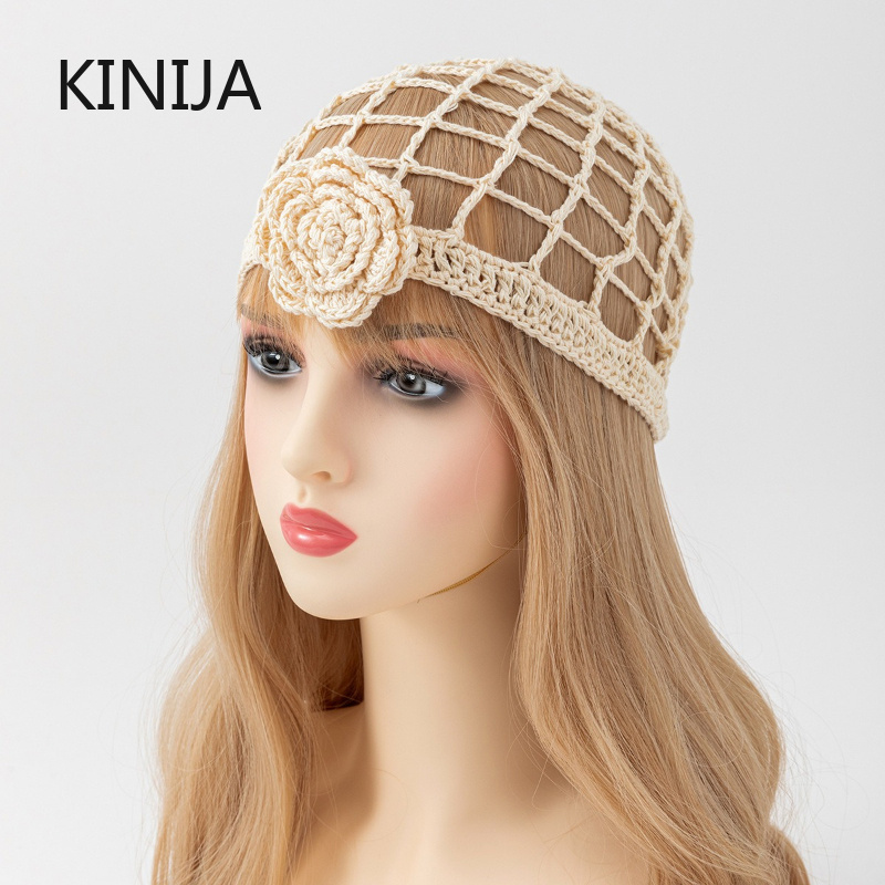 Chapeau en maille pour femme, bonnet au crochet fait main, chapeau ajouré tissé, chapeau respirant, béret, chapeau d'été coréen, foulard