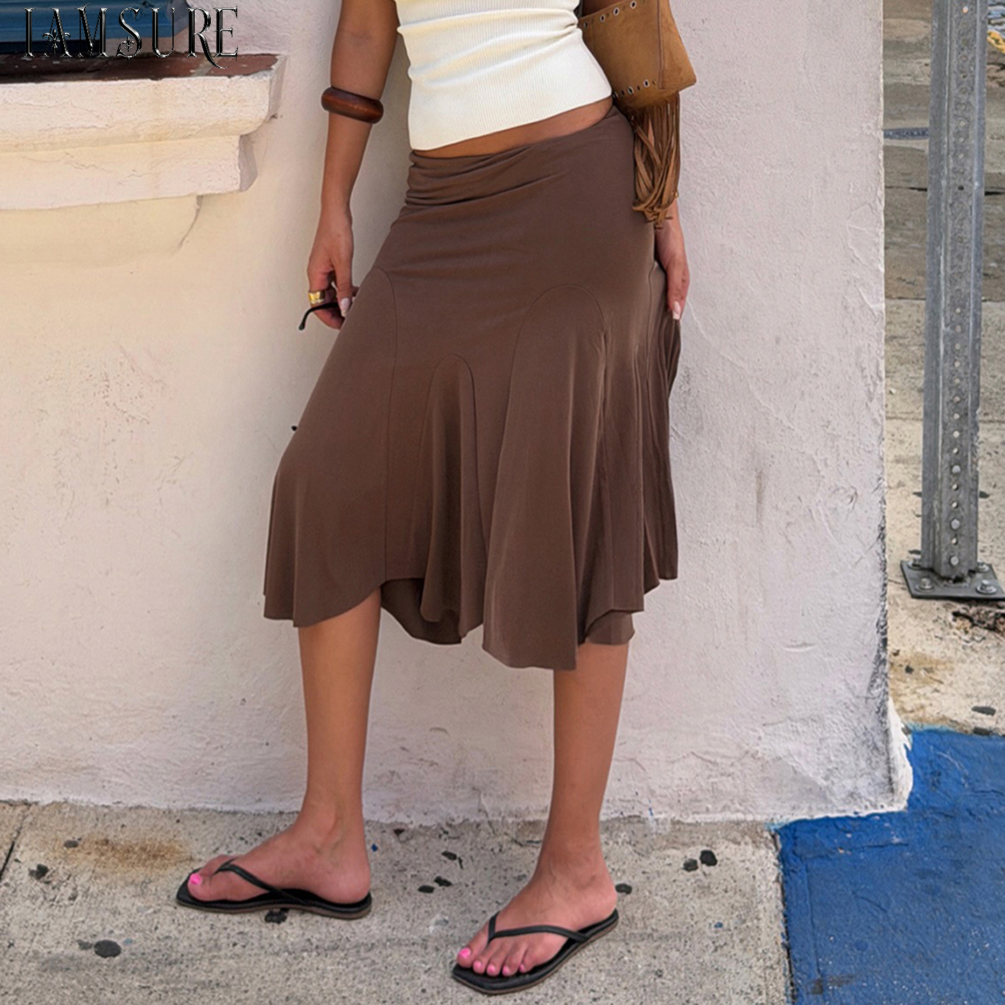 Jupe mi-longue décontractée d'été pour femmes, taille haute, évasée, en tissu extensible doux, style élégant pour tous les jours, style streetwear pour femme
