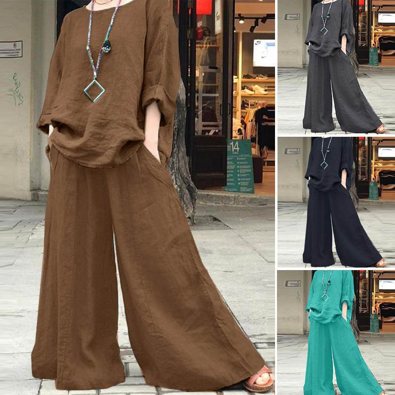 Ensemble 2 pièces en coton lin pour femmes, décontracté, col rond, manches longues, chemisiers, jambes larges, culottes, rétro, adt, automne