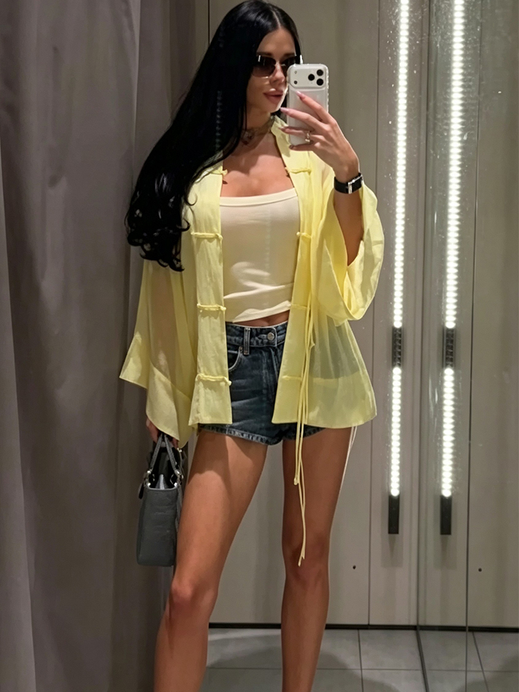 Chemisier élégant pour femme, chemise ample à manches longues, chemise décontractée à simple boutonnage, haut transparent fin et tendance
