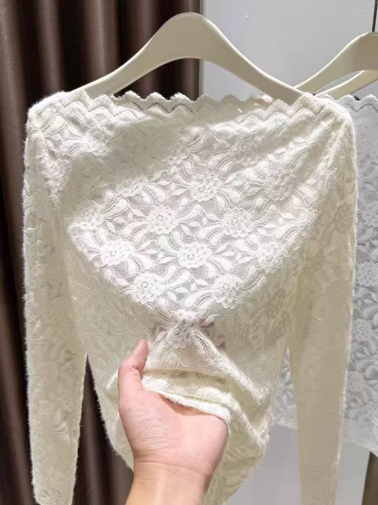 Femmes Sexy couverture en dentelle à manches longues vêtements intérieurs maille voir à travers la chemise en dentelle Base 2025 automne hiver haut Vintage bas blanc Blouse