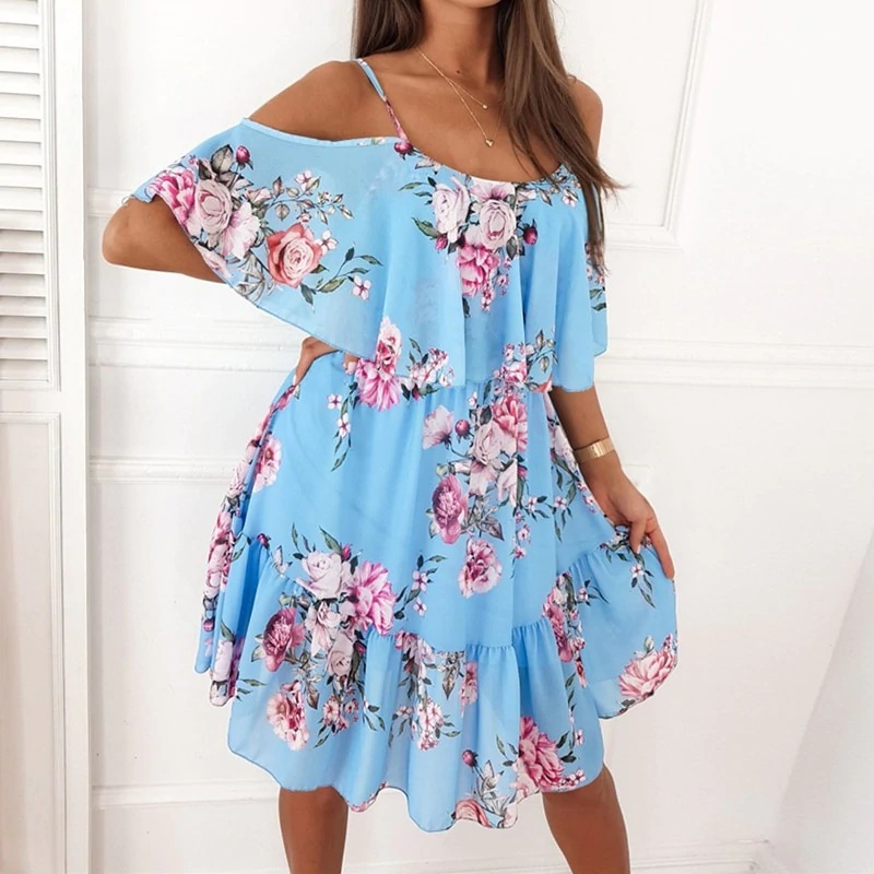 Robe longue d'été en mousseline à bretelles fines, imprimé floral, col carré, style vacances, sans manches, coupe ample