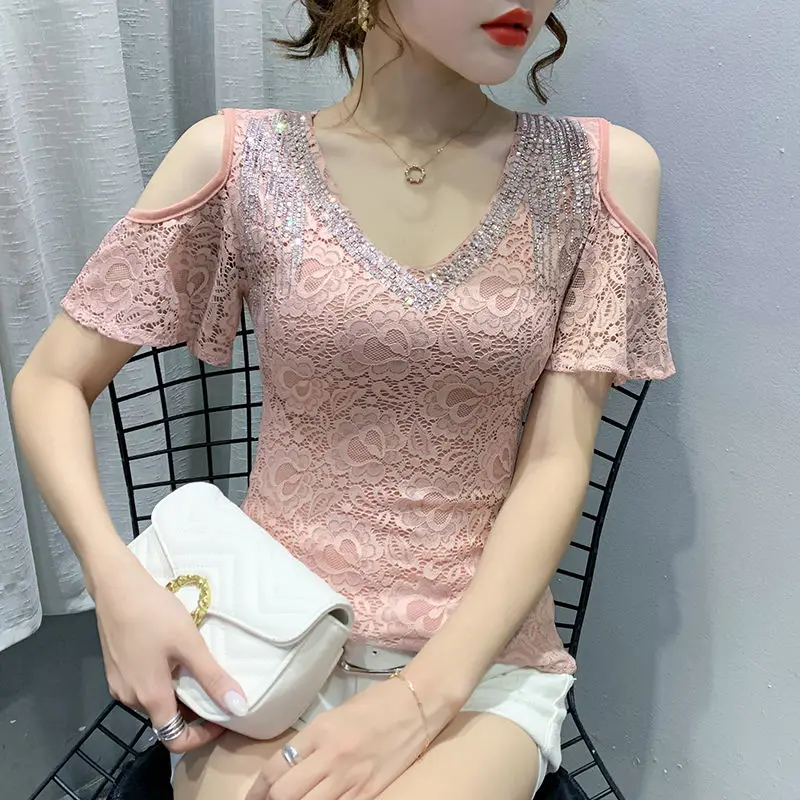 T-shirt à paillettes pour femmes, épaules dénudées, Streetwear coréen, vêtements esthétiques de base, vêtements de vente bon marché, commentaires, vente en gros