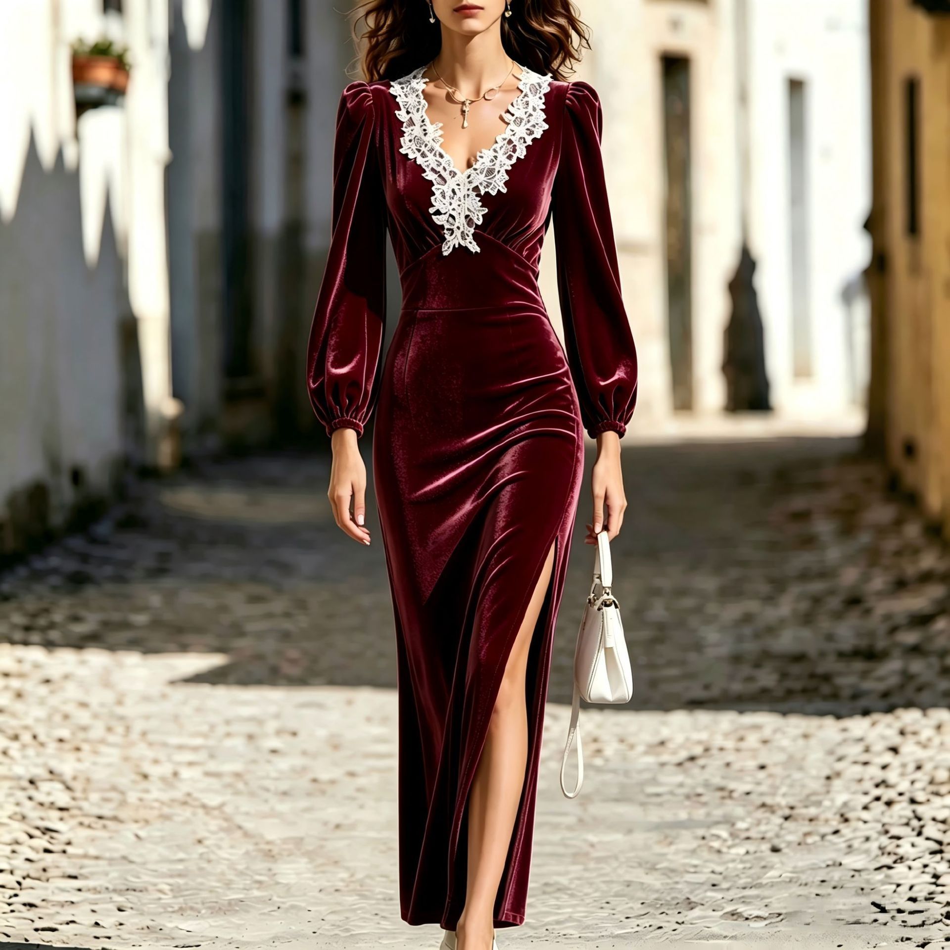Robe longue en velours uni pour femme, col en V, manches longues bouffantes en dentelle, robe moulante à fente haute, robe élégante pour invité, soirée formelle, robe d'automne.