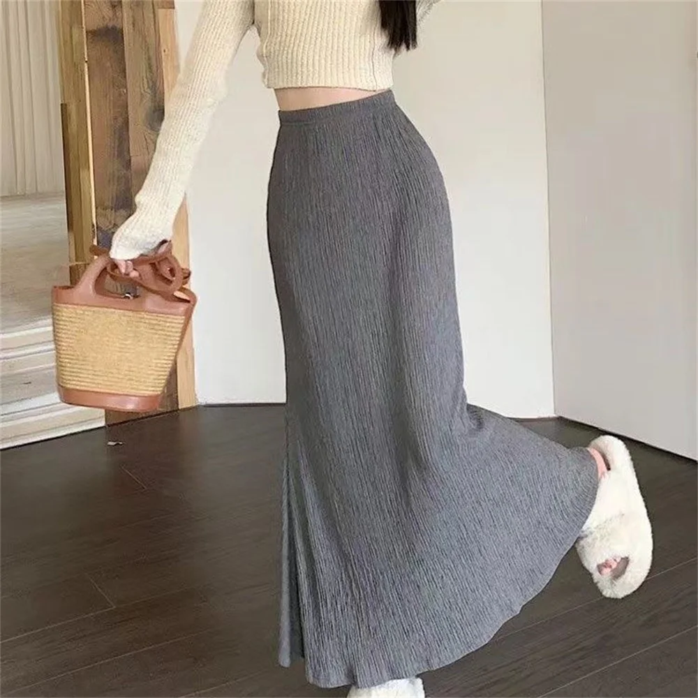Jupe longue plissée taille haute pour femme, jupes sirène minces, jupes midi vintage, style streetwear féminin, mode élégante, marron, 2025