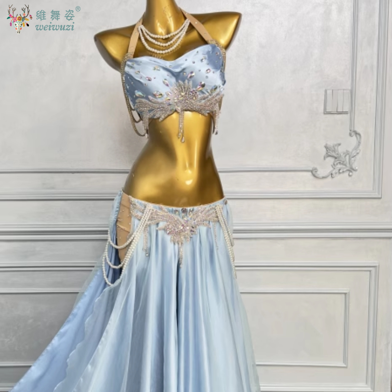 Ensemble de costumes de danse du ventre, personnalisation de luxe, soutien-gorge en diamant + jupe longue fendue Sexy, vêtements de Performance professionnelle orientale, 2 pièces
