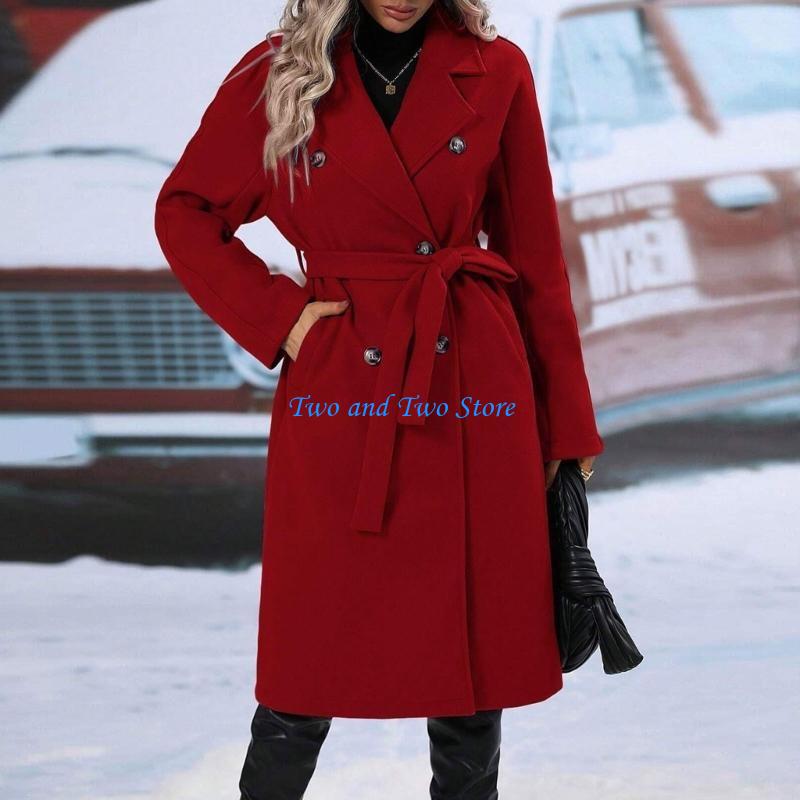 HX6F Manteau long en laine pour femmes avec revers, design à double boutonnage, vêtements d'extérieur chauds avec ceinture
