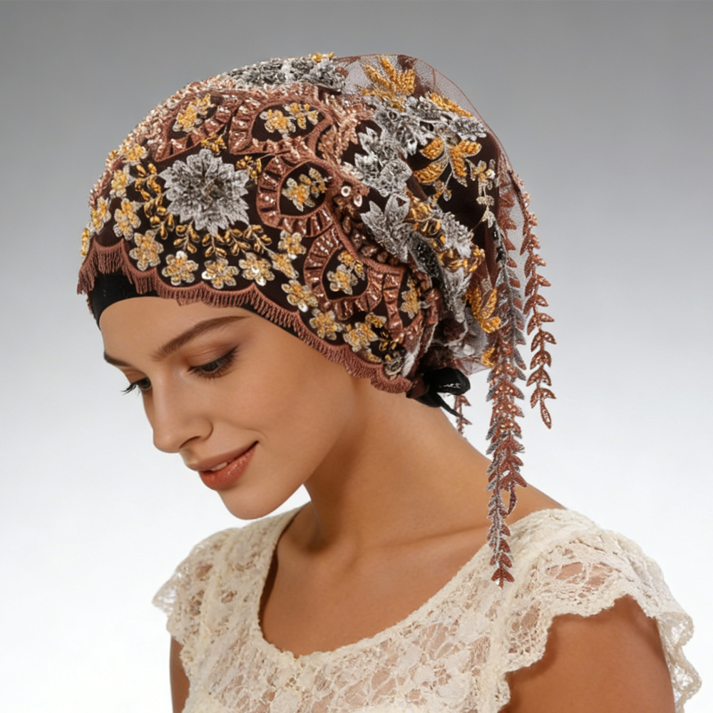 Nouveau ethnique gland foulard perlé broderie Turban luxe gland Bonnet femmes musulman Hijab dentelle fête de mariage chapeaux bonnets