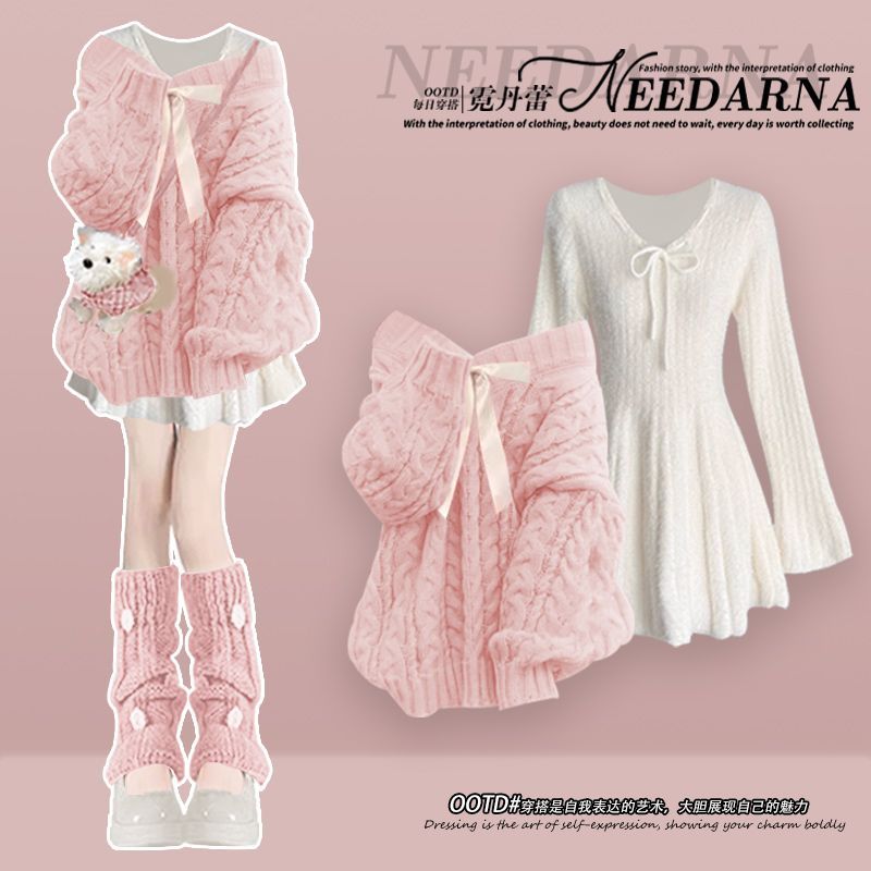 Costume français grande taille pour femmes, ensembles assortis, pull tricoté, Mini robe amincissante, ensemble deux pièces