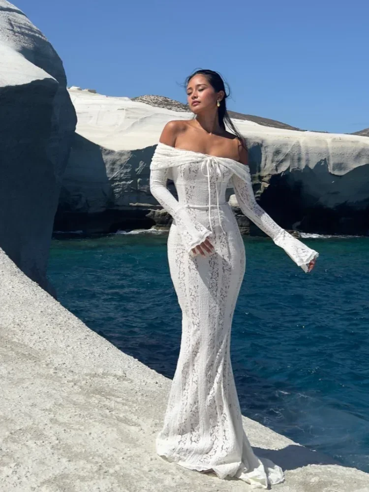Robe de Soirée Transparente à Lacets pour Femme, Tenue Sexy, Ajourée, Manches Évasées, Enveloppée sur la Poitrine, Bord de Mer, Été 2024