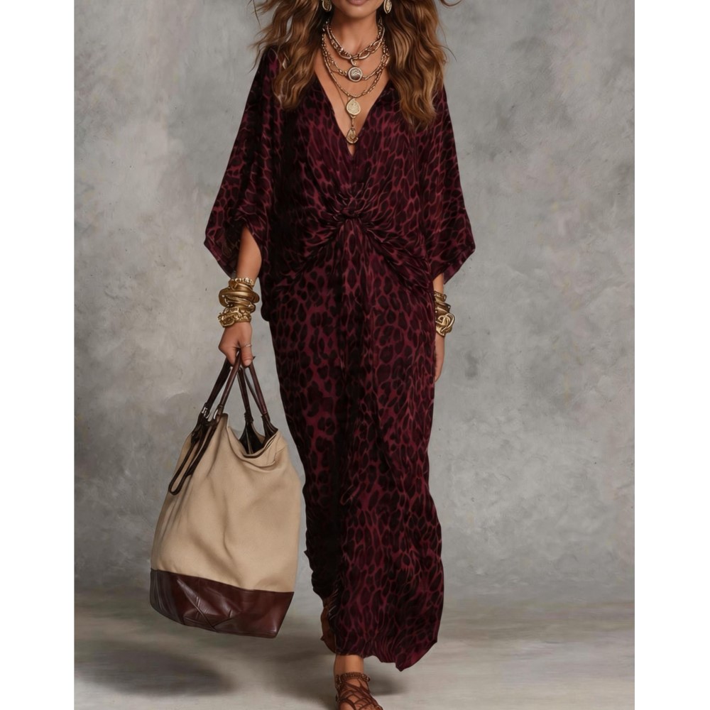 Robe élégante pour femme à imprimé léopard, col en V profond, décontractée, à manches chauve-souris 7/8, pour le printemps et l'automne, idéale pour les vacances