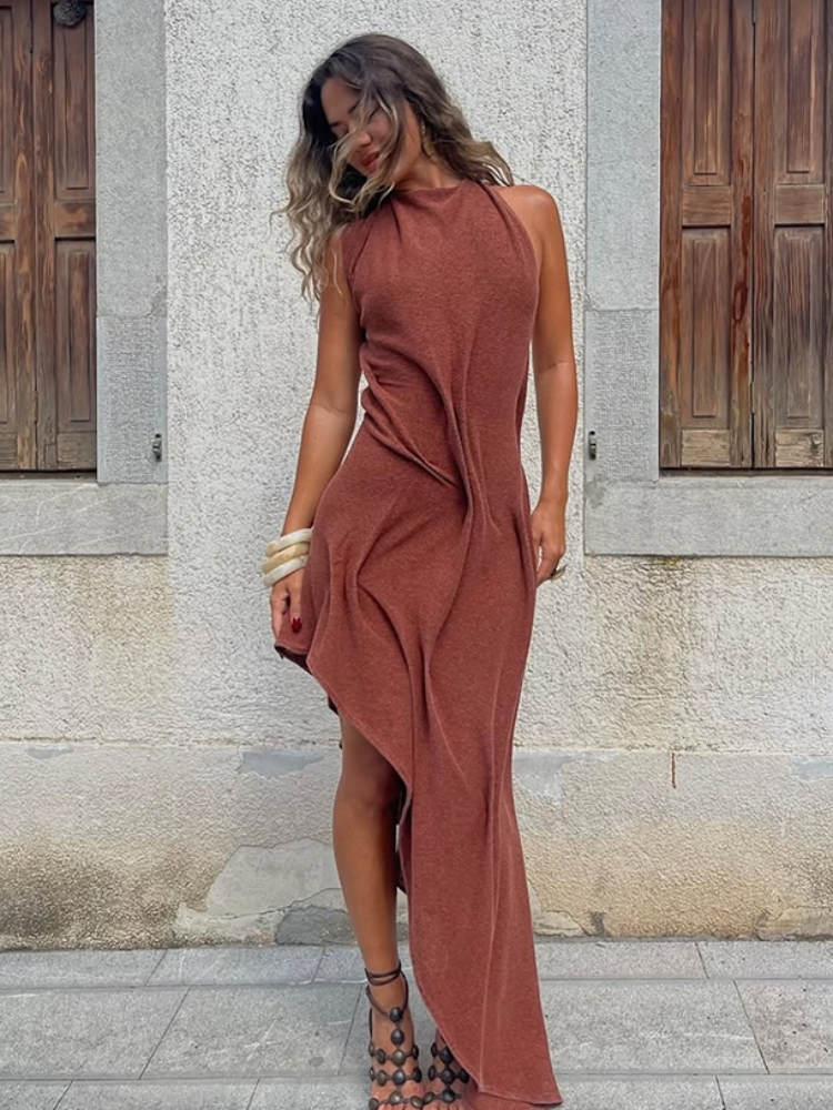 Femmes élégantes plissées irrégulières mince jupe longue Sexy solide dos nu hors épaule robe nouveau rencontres fête Festival Club robe de bal