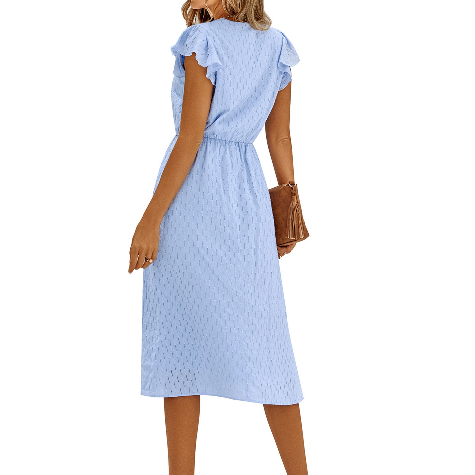 Robe longue d'été style Boho pour femmes, à volants, manches courtes, élastique, taille haute, col en v, boutonnée, couleur unie, décontractée, robes de plage