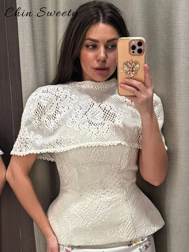 Élégant haut châle en dentelle ajourée pour femme, taille cintrée, col rond, manches courtes, collection été 2026, mode féminine