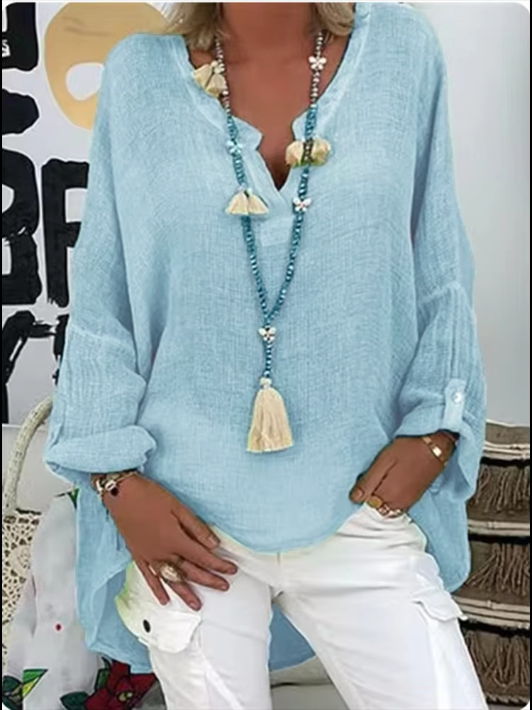 Chemise ample décontractée pour femmes, mode couleur unie, haut confortable, col en v, manches longues, chemisier léger, printemps automne