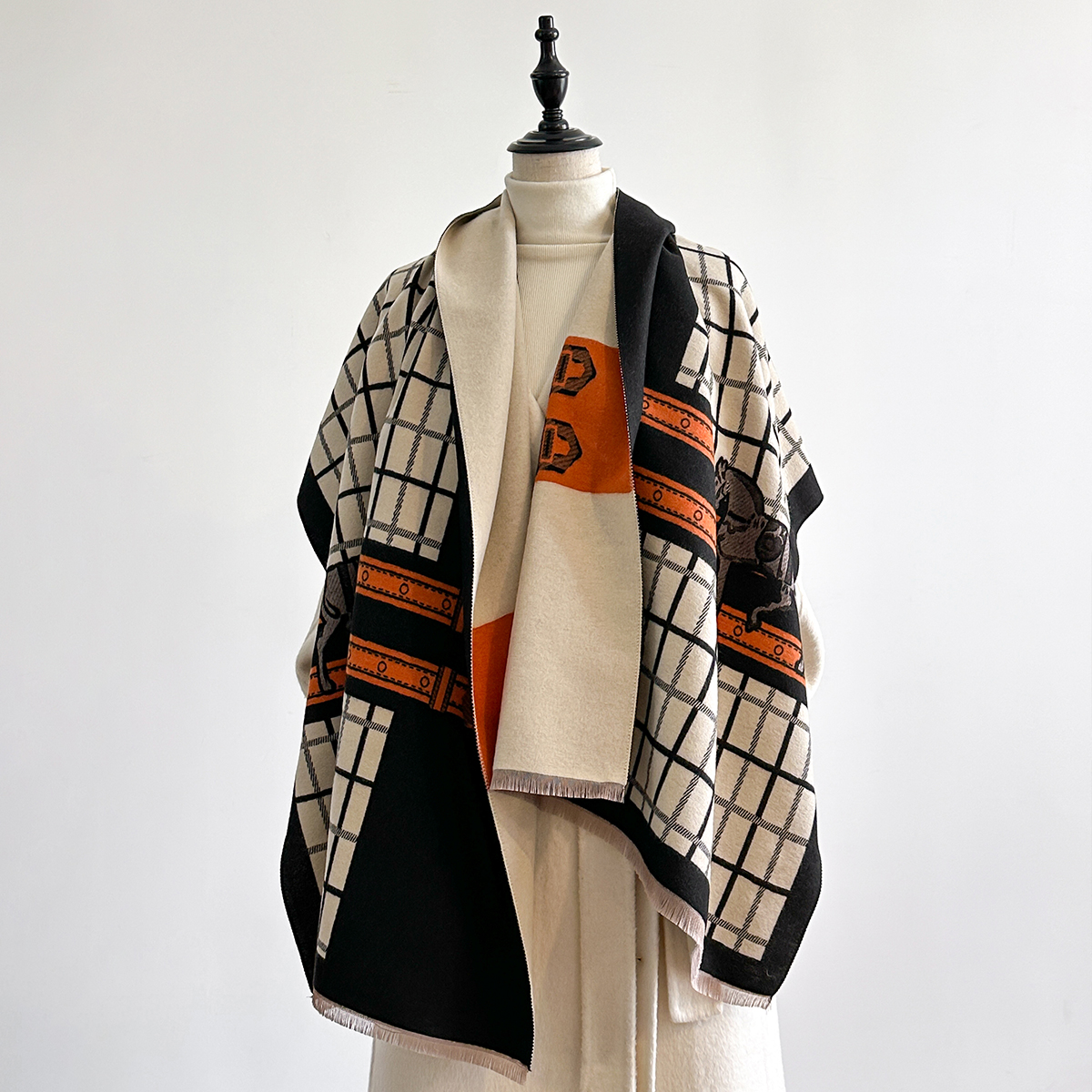 Nouveau luxe cheval imprimé écharpe femmes hiver plus chaud Pashmina foulards double face vérifier châles femme épaisse couverture enveloppes Foulard 2025