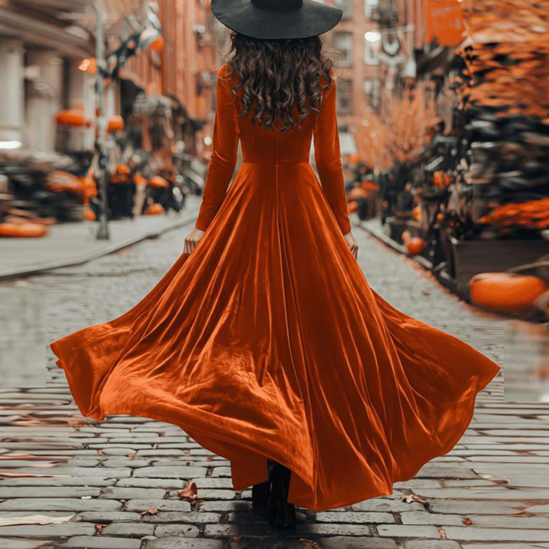 Robe longue élégante en velours coupe A-line pour femmes, col rond, manches longues, taille haute, longueur au sol, fluide, robe de soirée unie pour l'automne.