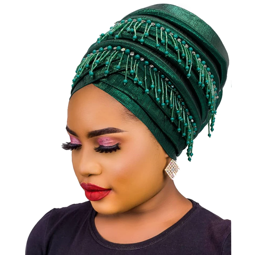 Turban Africain Élégant avec Glands et Perles pour Femme, Cravate de Sauna