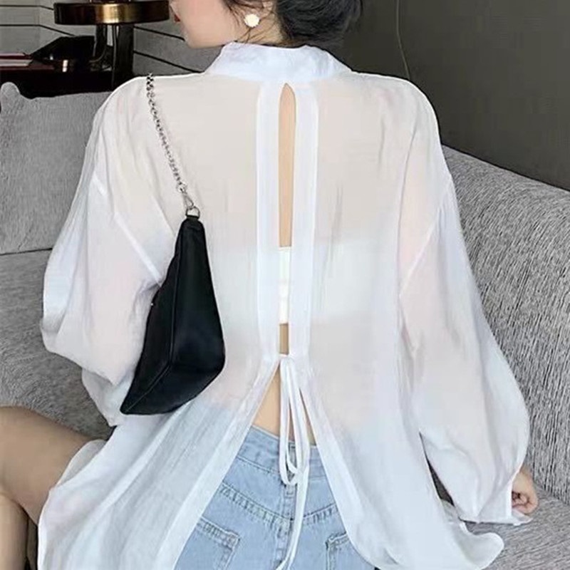 Femmes mode coréenne dos fendu à lacets chemises été mince à manches longues crème solaire chemise femmes décontracté ample vacances plage Blouse