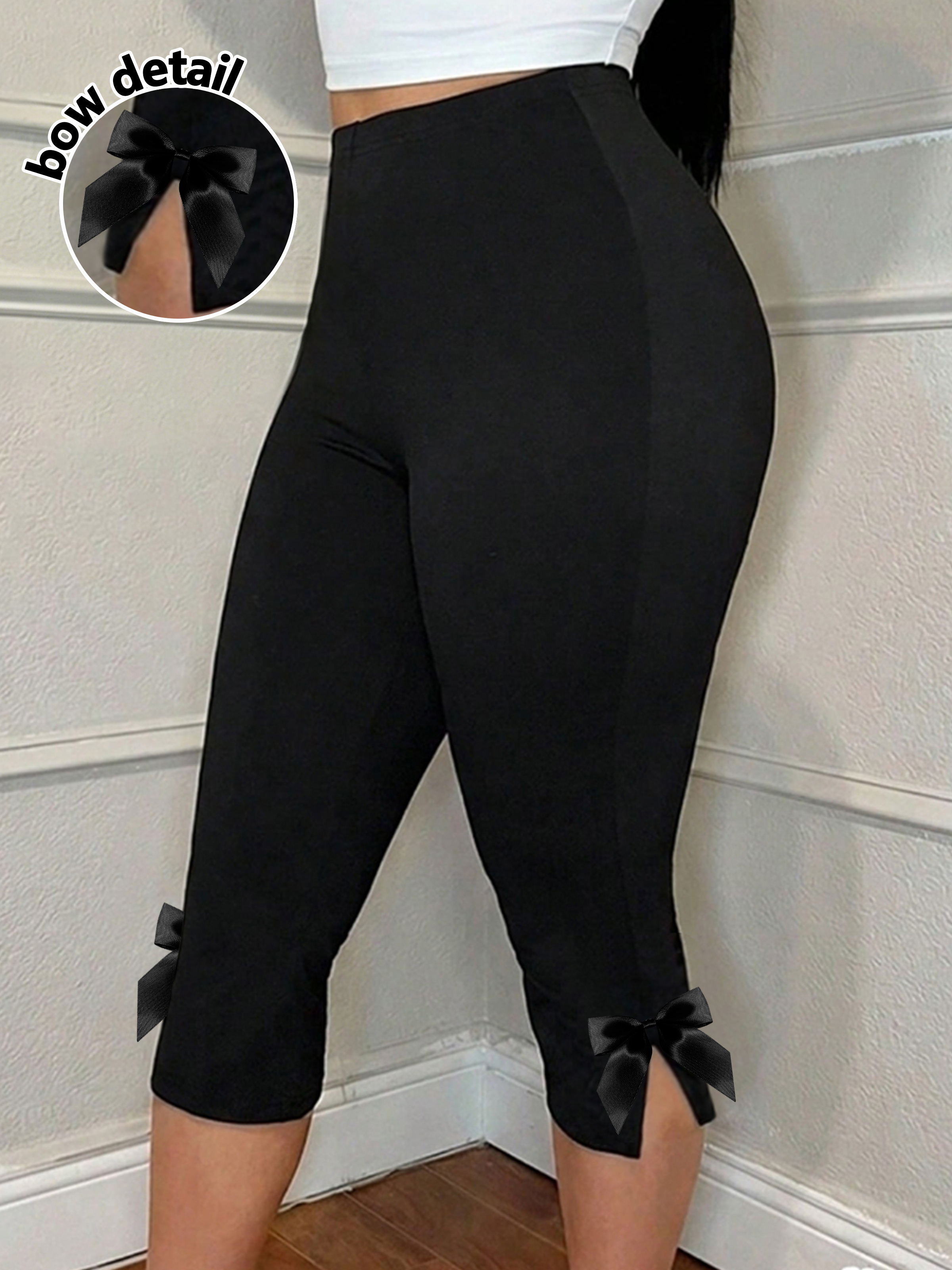 Leggings 3/4 pour femmes, détail nœud, pantalon moulant uni avec fente, 1479