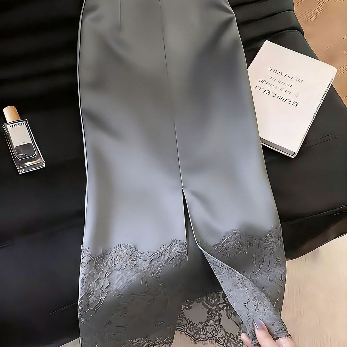 Jupes longues en satin de soie pour femmes, jupes de soirée à patchwork de dentelle, jupes mi-longues droites élégantes et fluides à taille haute, jupes de bureau