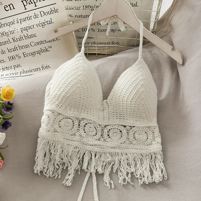 Soutien-gorge dos nu en tricot au crochet pour femme, caraco de plage, licou de vacances, glaHollow Tassel, haut précieux, haut court pour femme, mode