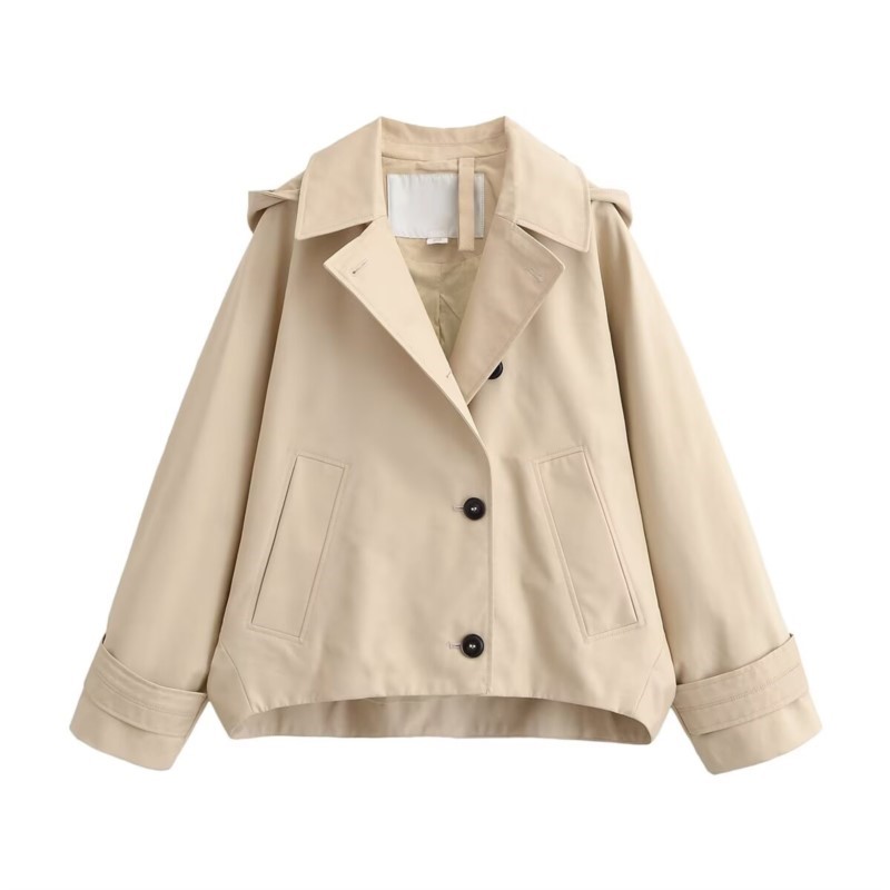 Veste coupe-vent à capuche style cape pour femme, décontractée, col à revers, manches longues, simple boutonnage, mode, coupe ample