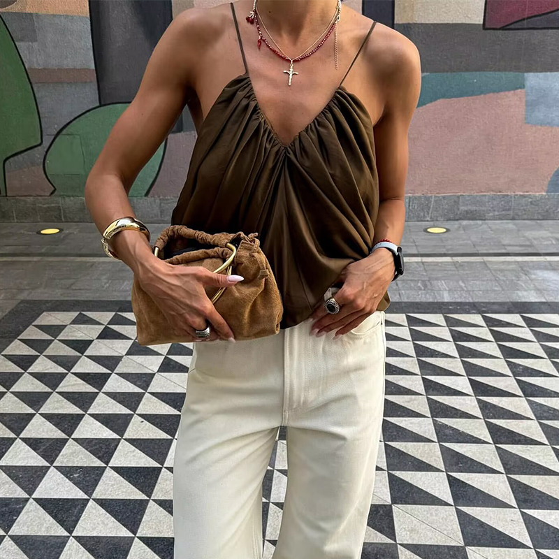 Hauts à bretelles en Satin plissé pour femmes, haut sans manches, col en v, Sexy, Chic, été