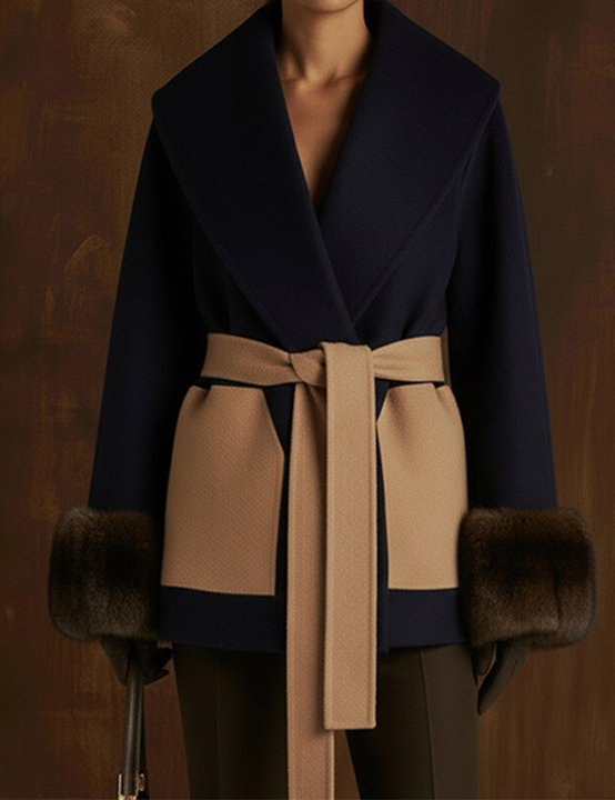Manteau d'hiver élégant et minimaliste pour femme, col en V, à lacets, avec poignets en fausse fourrure, contrastant bleu marine et camel, ceinturé, idéal pour les événements et le bureau