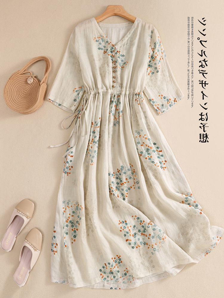 Robe longue imprimée pour femme, vêtements élégants, vintage, taille élastique, style coréen décontracté, plage, col en V, mode éducative