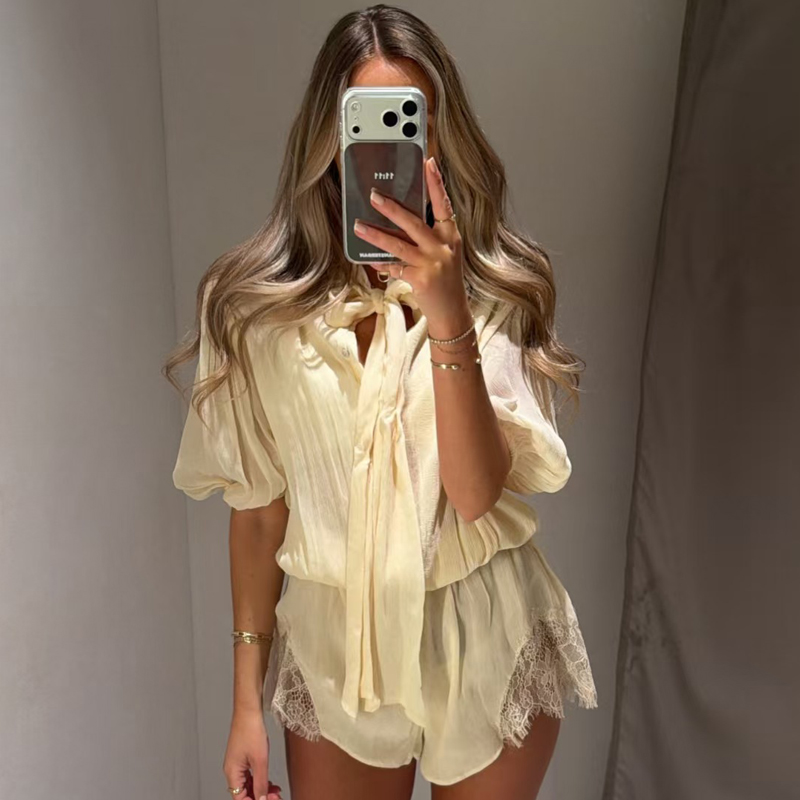 Combinaison en dentelle pour femmes, avec nœud papillon, élégante, ample, courte, décontractée, à manches courtes, à taille élastique, pour femmes
