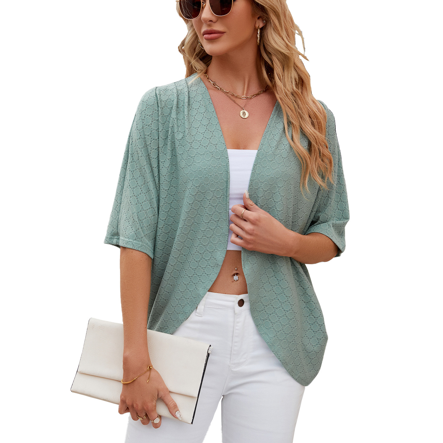Cardigan court respirant pour femme, élégant, couleur unie, ouvert sur le devant, idéal pour l'été