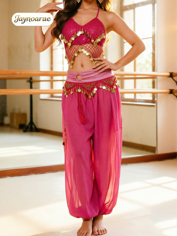 Ensemble de danse indienne Bollywood pour femmes JAYNOARAE, comprenant un soutien-gorge à paillettes scintillantes et un pantalon sarouel à jambes évasées.